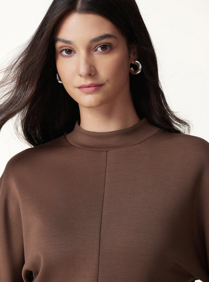 Modal Spacer Knit Mock Neck Batwing Sleeve Banded Hem Top
