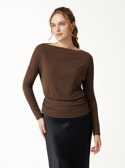 Lyocell-Wool Slash Neck Long Sleeve Ruched Banded Hem Top
