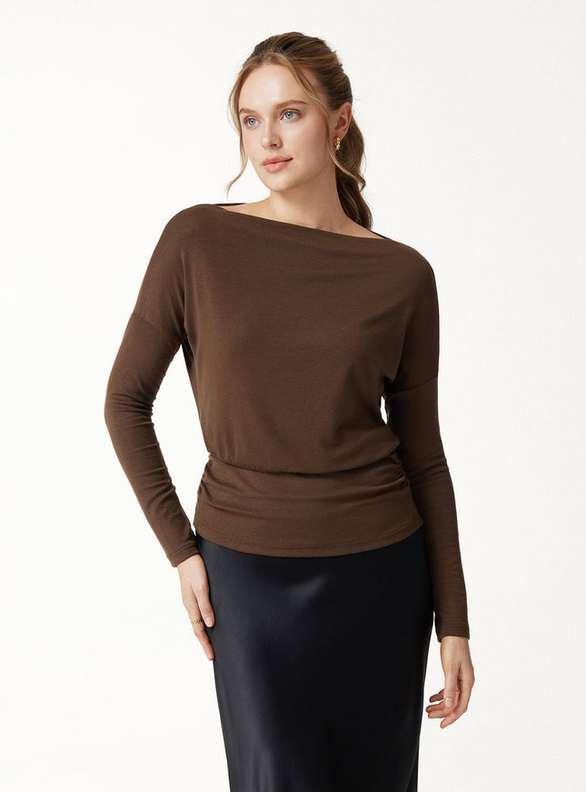 Lyocell-Wool Slash Neck Long Sleeve Ruched Banded Hem Top