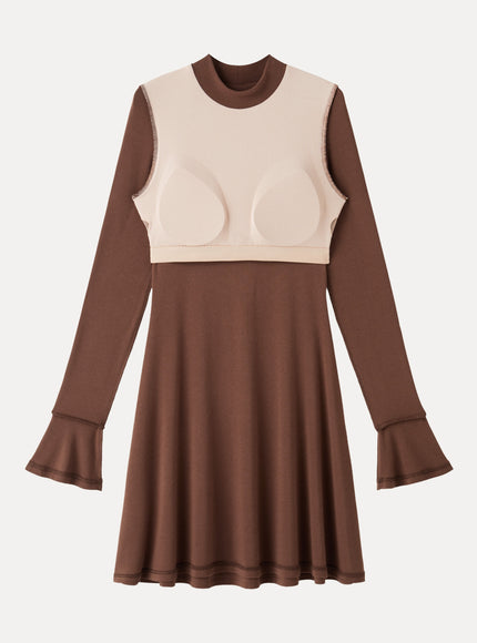 Mock Neck Flared Long Sleeve A-Line Mini Built-In Bra Dress
