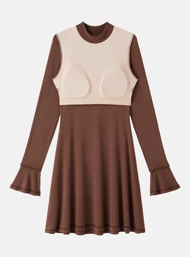 Mock Neck Flared Long Sleeve A-Line Mini Built-In Bra Dress