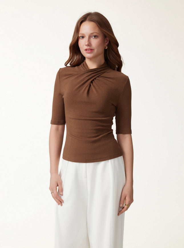 Crisscross Mock Neck Elbow Sleeve Ruched Top