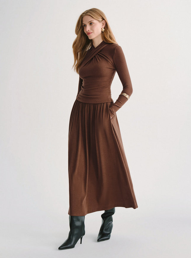 2Pcs Set Mockneck Long Sleeve Top & Mid-Rise A-Line Midi Skirt with Pockets