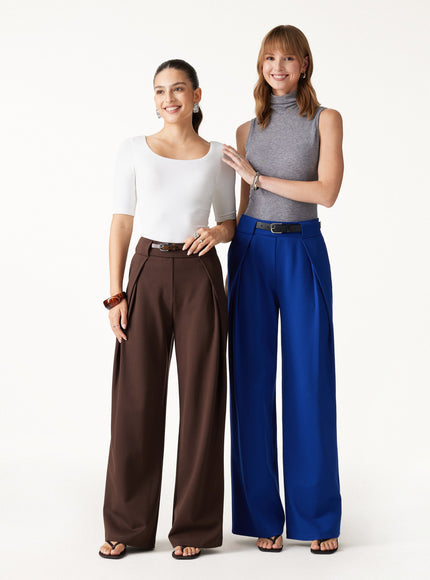 Ponte Mid-Rise Wide-Leg Tuck Pants with Pockets