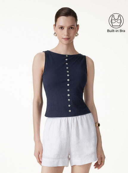 Cotton-Linen Boatneck Cropped Built-In Bra Top