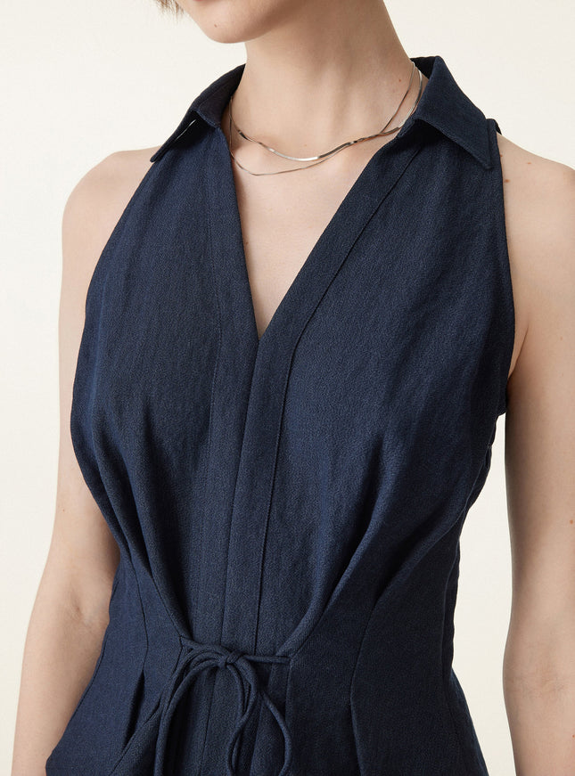 Collared V-neck Pleated Sleeveless Top with Drawstring