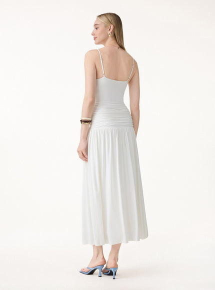 Not-See-Thru Spaghetti Gathered Maxi Built-In Bra Dress