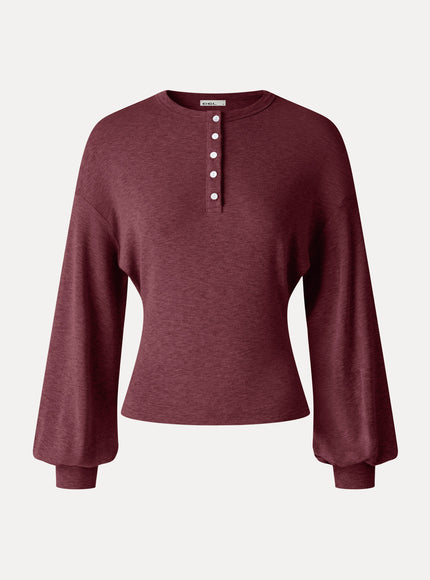 Slub Ribbed Henley Neck Batwing Sleeve Close-Fit Hem Top
