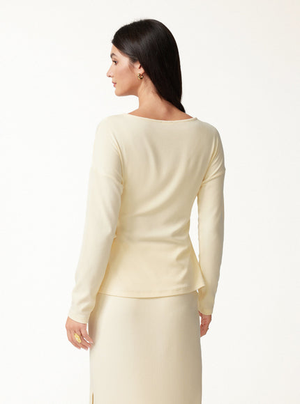 2Pcs Set Boatneck Long Sleeve Top & Mid-Rise Side-Slit Column Midi Skirt
