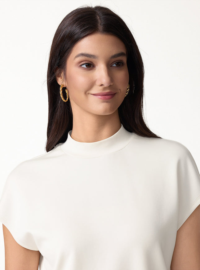 Modal Spacer Knit Mock Neck Cap Sleeve Banded Hem Top