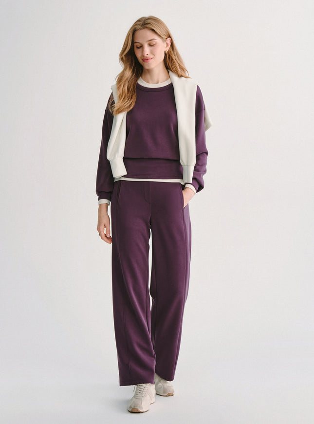 2Pcs Set MaxWarm Fleece Round Neck Long Sleeve Top & High-Rise Belted Wide-Leg Pants with Pockets