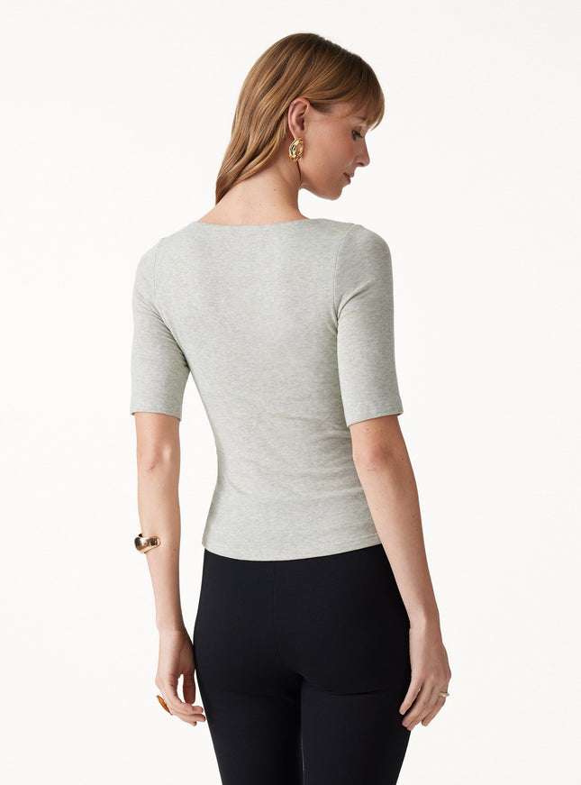 Lyocell-Wool Square Neck Elbow Sleeve Ruched Built-In Bra Top