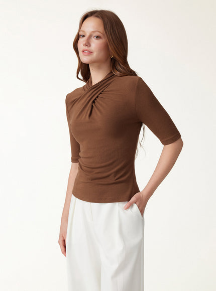 Crisscross Mock Neck Elbow Sleeve Ruched Top