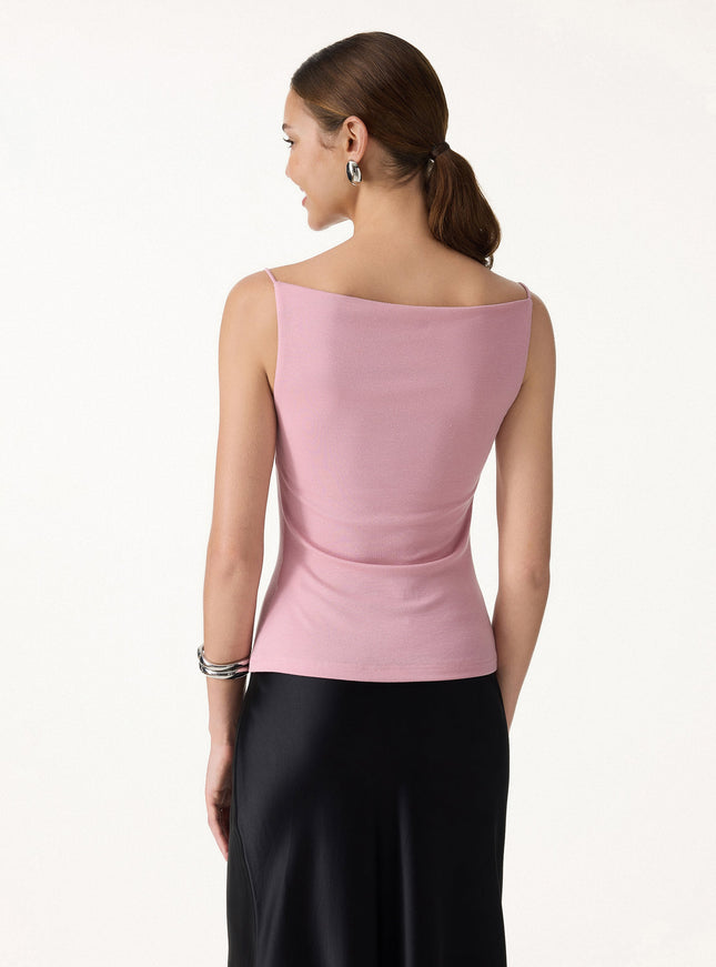 Stretch Linen Cowl Neck Built-In Bra Tank