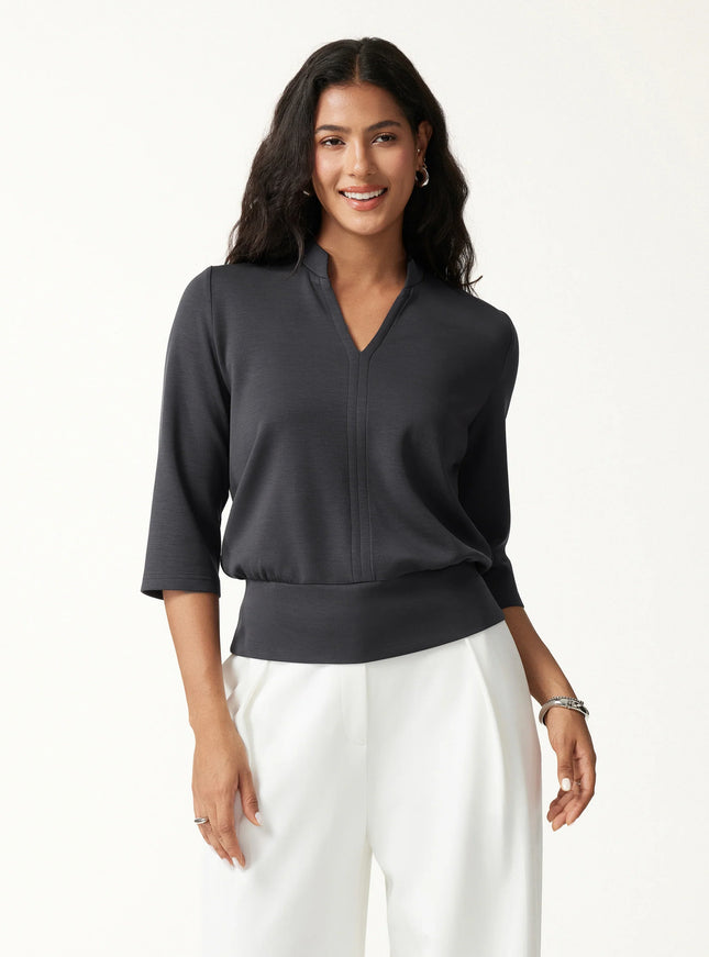 2Pcs Set V-Neck Elbow Sleeve Top & Mid Rise Straight Leg Pants with Pockets