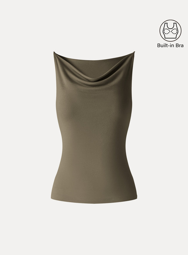 Stretch Linen Cowl Neck Built-In Bra Tank
