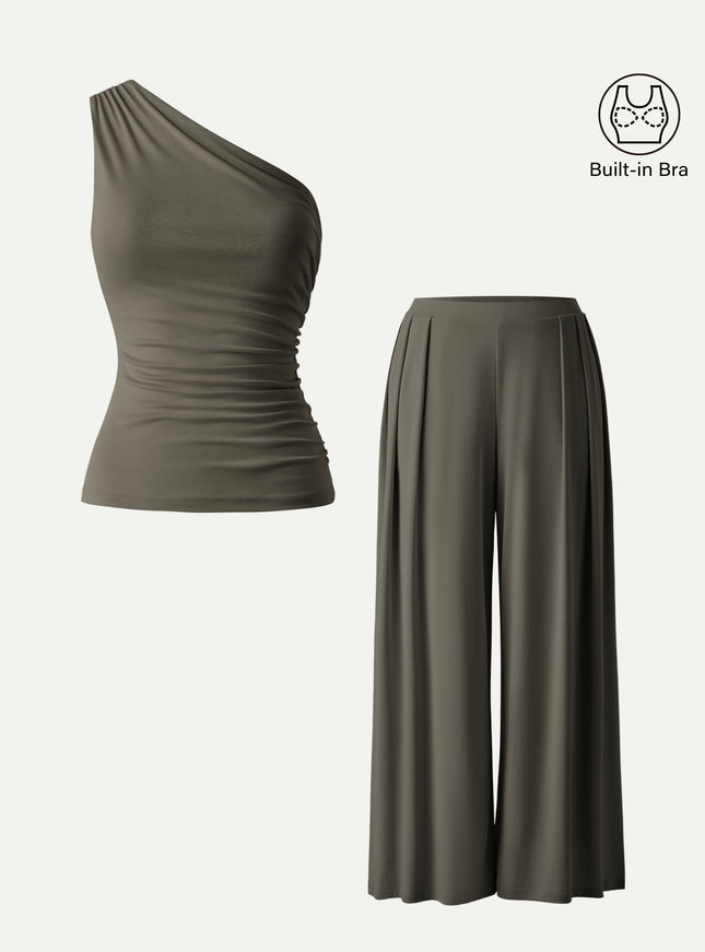 2Pcs Set Regular Wide Leg Palazzo Pant with Pockets & Ruched Built-In Bra Tank