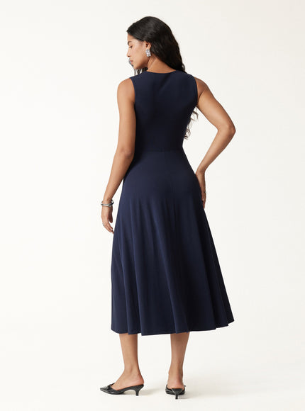 Ribbed Collared V-Neck Sleeveless A-Line Midi Built-In Bra Dress with Pockets
