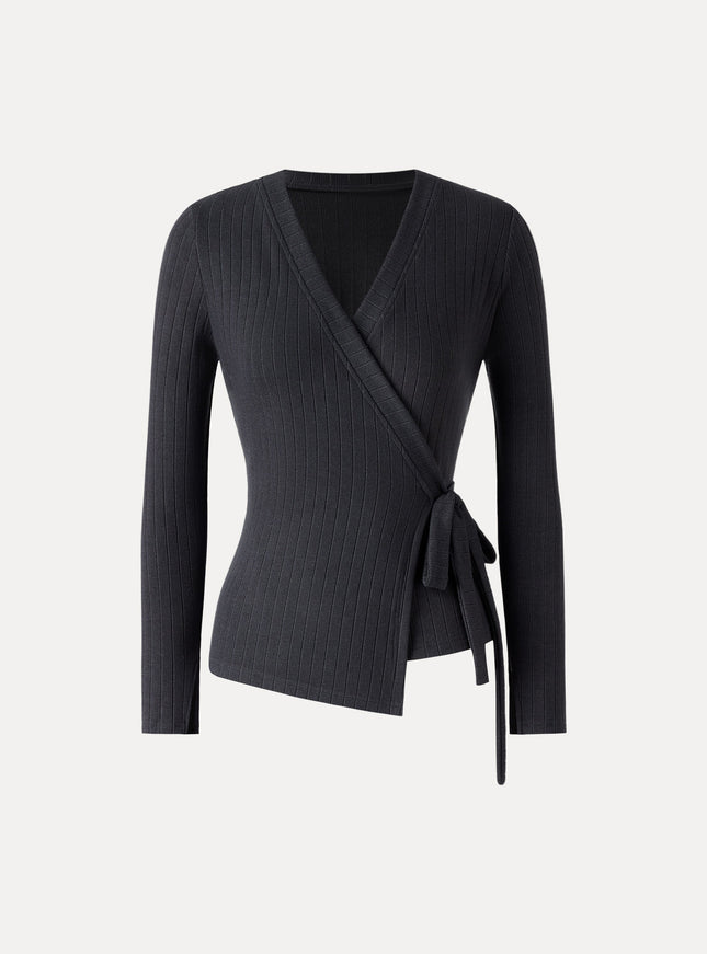 MaxWarm Wide Ribbed Crossover Long Sleeve Tie-Waist Top