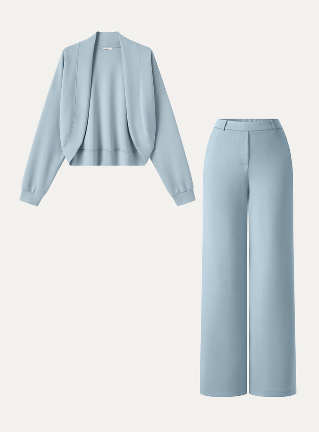 2Pcs Set Long Sleeve Shrug Cardigan & High-Rise Wide Leg Pants with Pockets