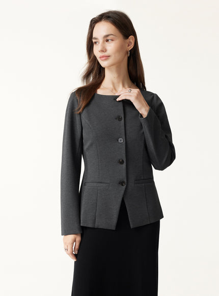 2Pcs Set Neck Long Sleeve Jacket with Pockets & Mid-Rise Wide-Leg Pants with Pockets