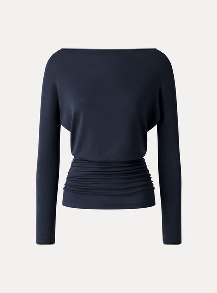 Lyocell-Wool Slash Neck Long Sleeve Ruched Banded Hem Top