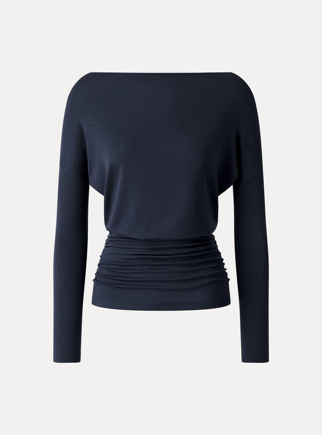 Lyocell-Wool Slash Neck Long Sleeve Ruched Banded Hem Top