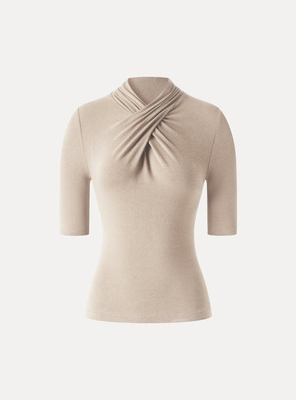 Crisscross Mock Neck Elbow Sleeve Ruched Top