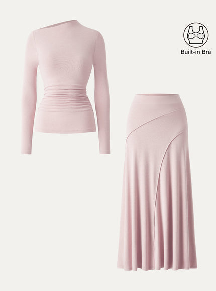 2Pcs Set Asymmetrical Long Sleeve Built-In Bra Top & A-Line Midi Skirt