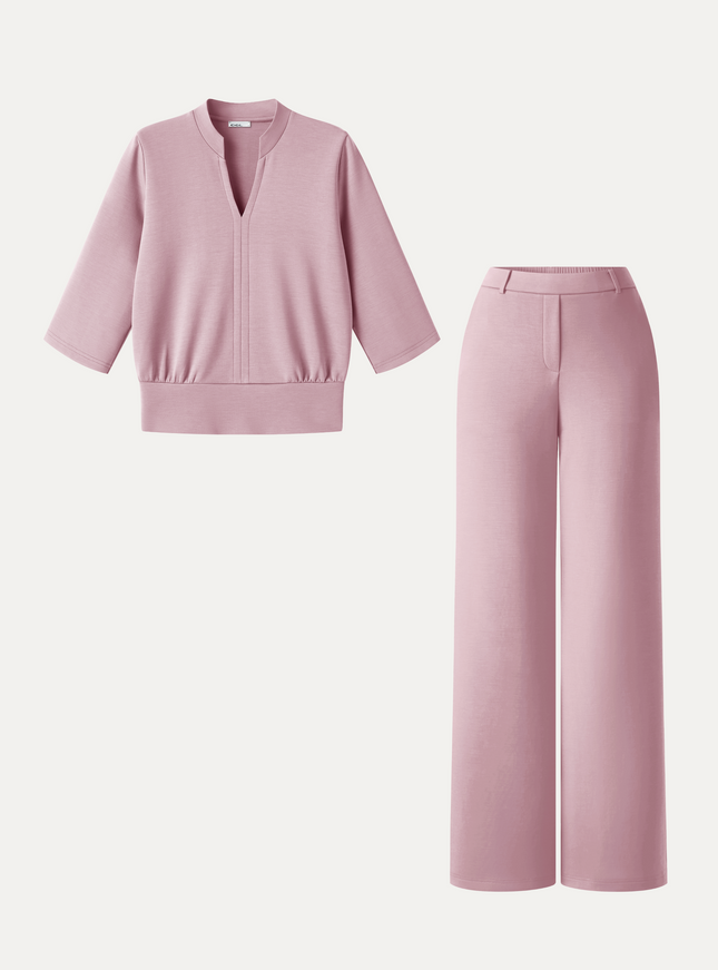 2Pcs Set V-Neck Elbow Sleeve Top & High-Rise Wide Leg Pants with Pockets