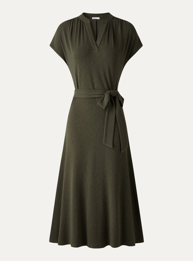 Neck Short Sleeve Belted Midi Dress