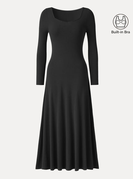 Diamond Neck Long Sleeve Drapey Maxi Built-In Bra Dress