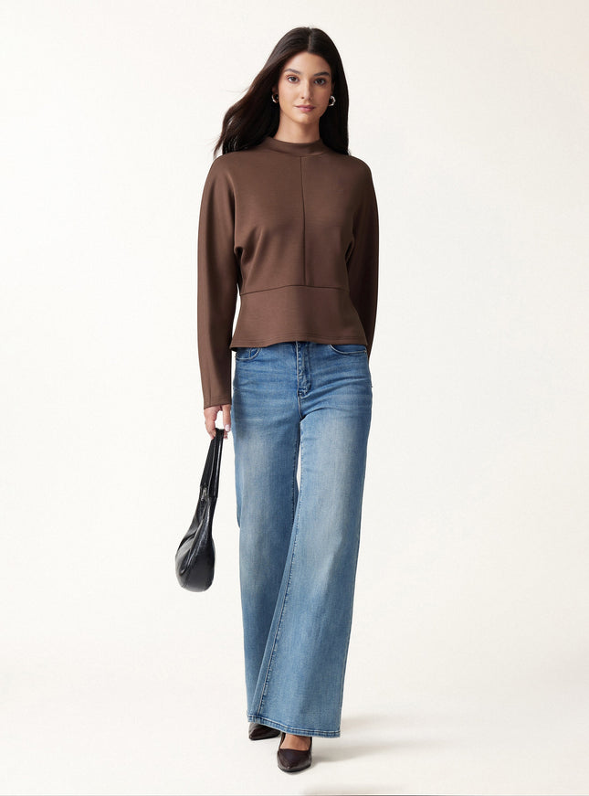 Modal Spacer Knit Mock Neck Batwing Sleeve Banded Hem Top
