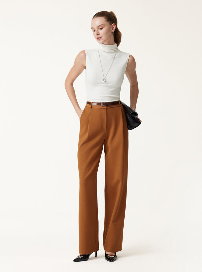 Crosshatch Ponte High-Rise Straight-Leg Tuck Pants with Pockets