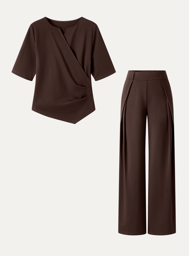 2Pcs Set Surplice Elbow Sleeve Top & Mid-Rise Wide-Leg Tuck Pants with Pockets