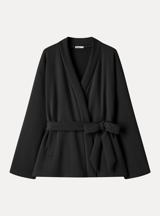 Modal Stretch Fleece Crossover Belted Wrap Cardigan Coat with Pockets