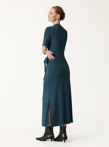 Mock Neck Elbow Sleeve Tie-Waist Midi Dress