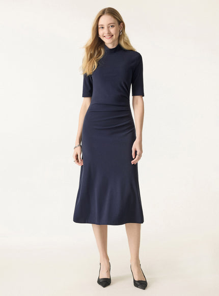 Cotton Blend Mock Neck Elbow Sleeve Tucked A-Line Midi Dress