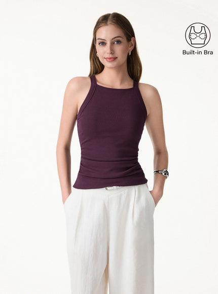 Chic Square Neck Ruched Rib Built-In Bra Tank