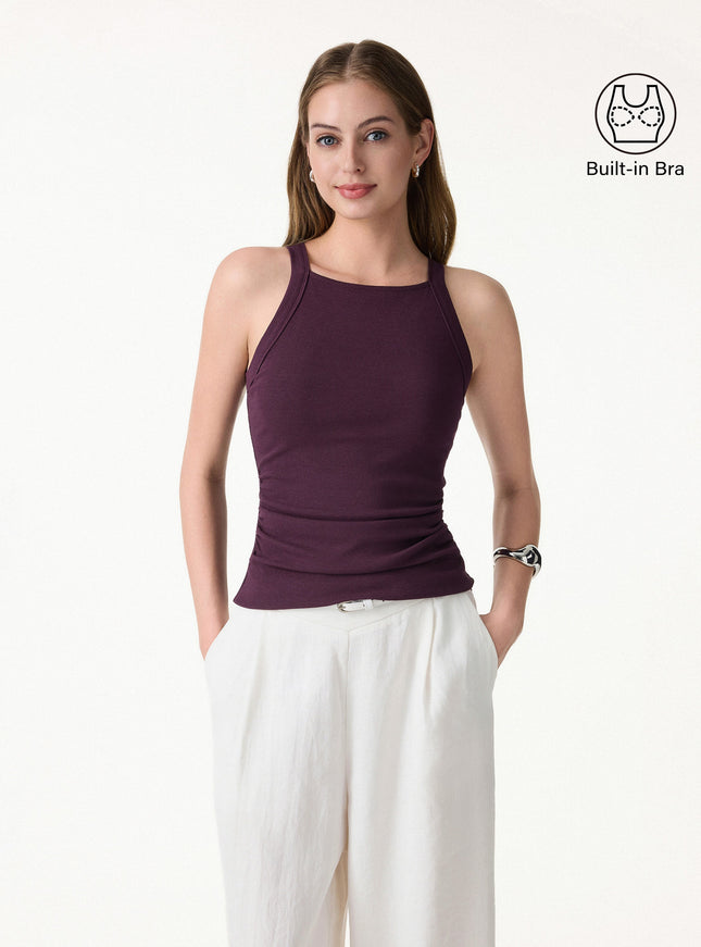 Chic Square Neck Ruched Rib Built-In Bra Tank