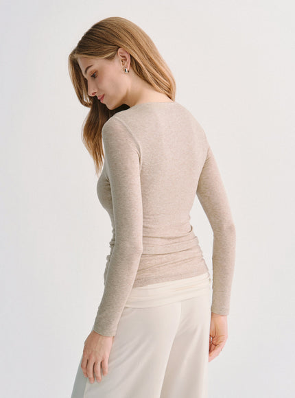 Lyocell-Wool Trapeze Neck Long Sleeve Built-In Bra Top