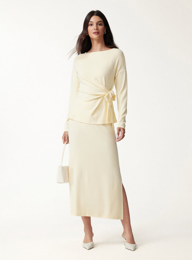 Boatneck Long Sleeve Tie-Waist Top