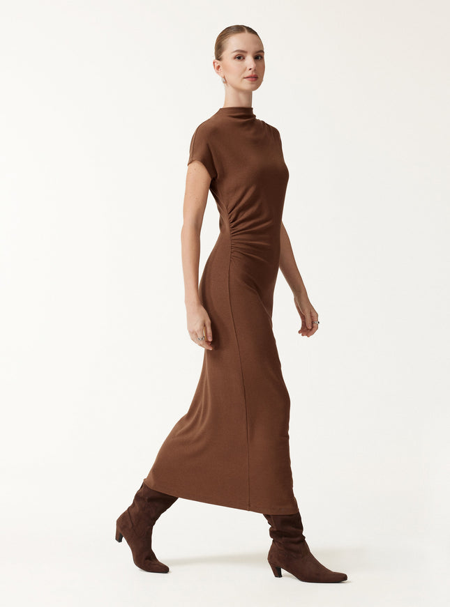 Mock Neck Cap Sleeve Ruched Midi Dress