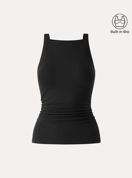 Chic Square Neck Ruched Rib Built-In Bra Tank