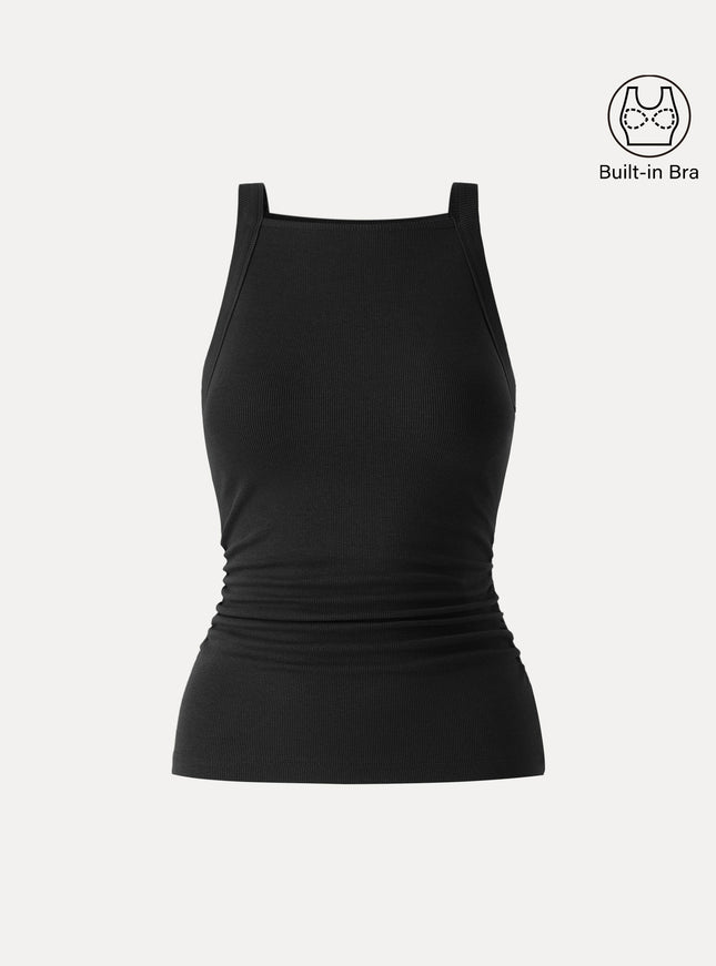 Chic Square Neck Ruched Rib Built-In Bra Tank