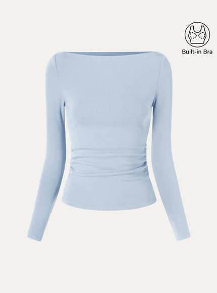 Modern Side Ruched Boatneck Built-In Bra Top