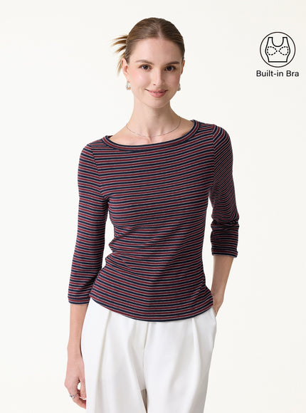 Striped Parisian Boatneck 3/4 Sleeve Built-In Bra Top