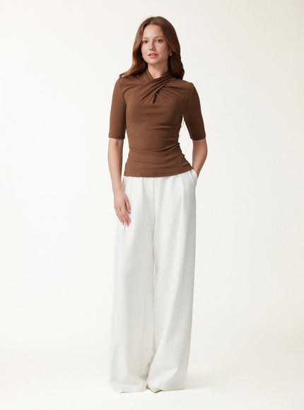 Crisscross Mock Neck Elbow Sleeve Ruched Top