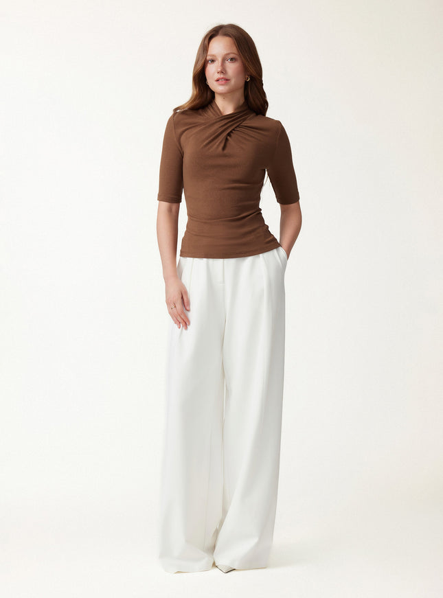 Crisscross Mock Neck Elbow Sleeve Ruched Top