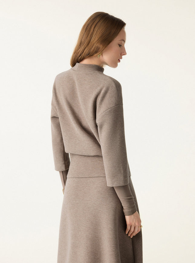 2Pcs Set Mockneck Sleeve-Warmer Top & Midi A-line Circle Skirt